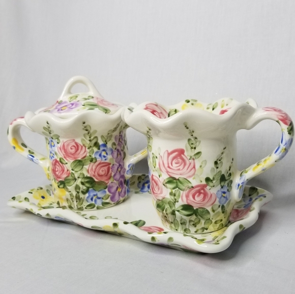 English Garden Creamer Sugar with Lid & Tray Set Tabletops Unlimited Don Swanson - Picture 3 of 13